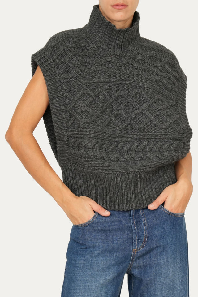 Pull smanicato a collo alto motivo trecce - Antracite