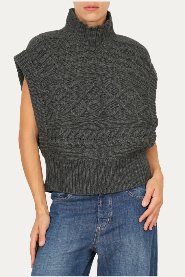 Pull smanicato a collo alto motivo trecce - Antracite