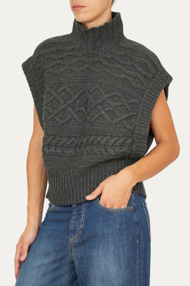 Pull smanicato a collo alto motivo trecce - Antracite