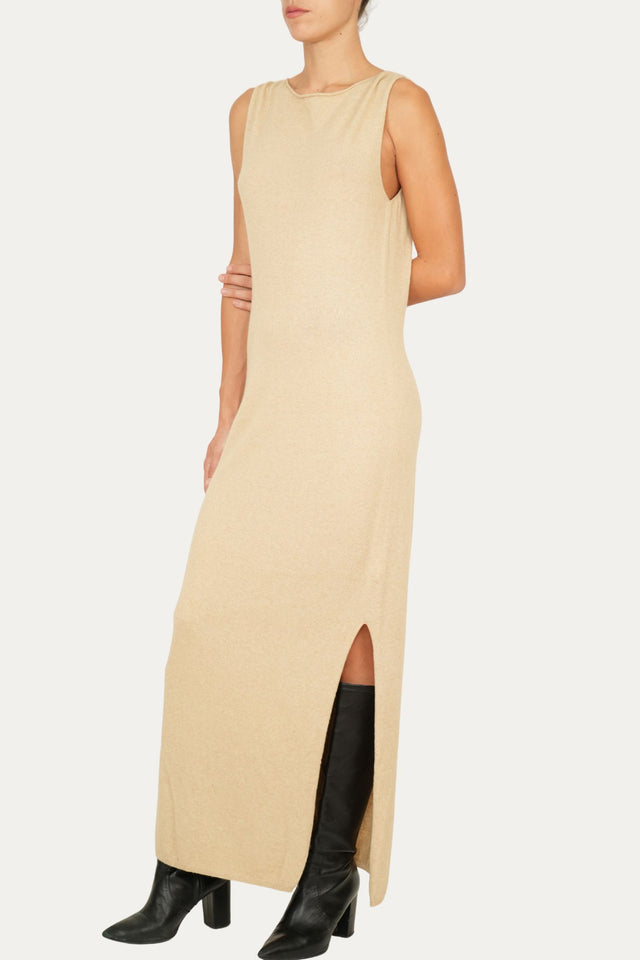 Abito lungo con spacco misto cashmere - Grano