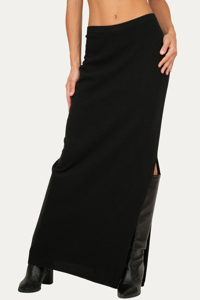Gonna lunga con spacco misto cashmere - Nero