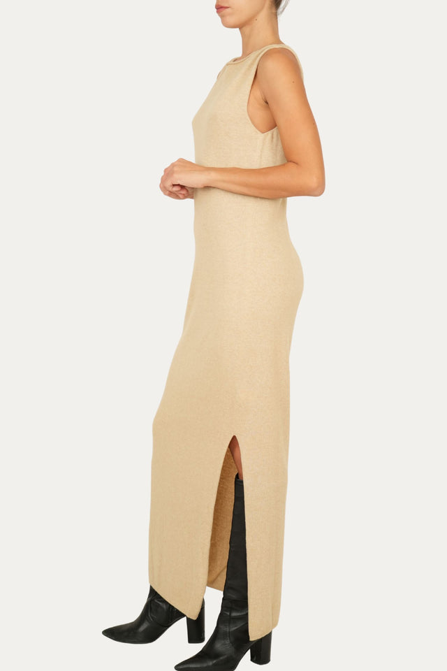 Abito lungo con spacco misto cashmere - Grano