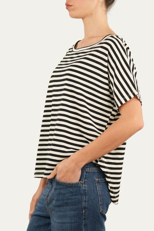 Maglia scollo a barca in cotone maniche corte a righe Florida - Nero