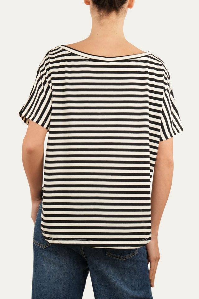 Maglia scollo a barca in cotone maniche corte a righe Florida - Nero