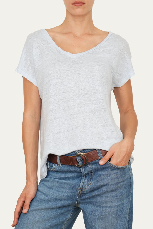Maglia scollo a V in Lino - Cielo