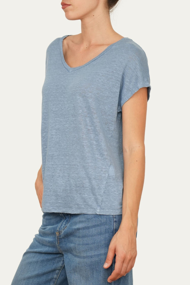 Maglia scollo a V in Lino - Blu Jeans