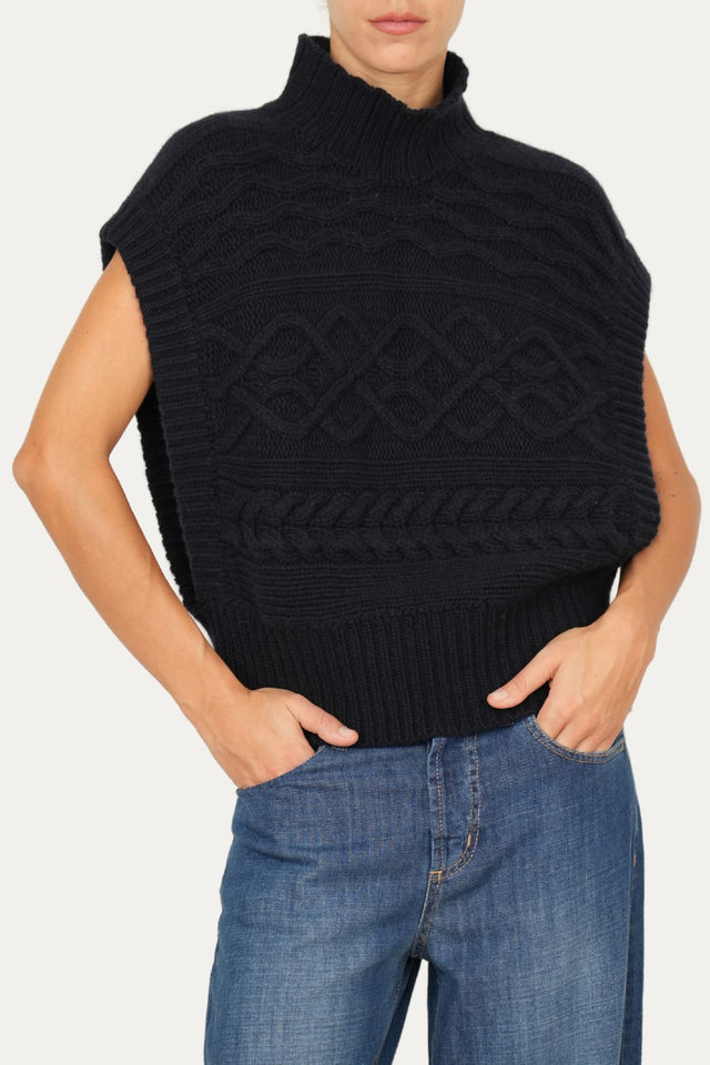 Pull smanicato a collo alto motivo trecce - Nero