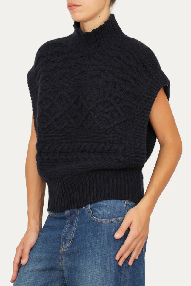 Pull smanicato a collo alto motivo trecce - Nero