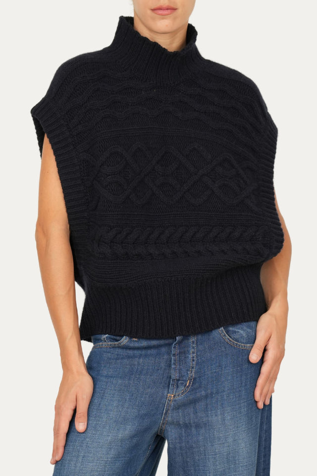 Pull smanicato a collo alto motivo trecce - Nero