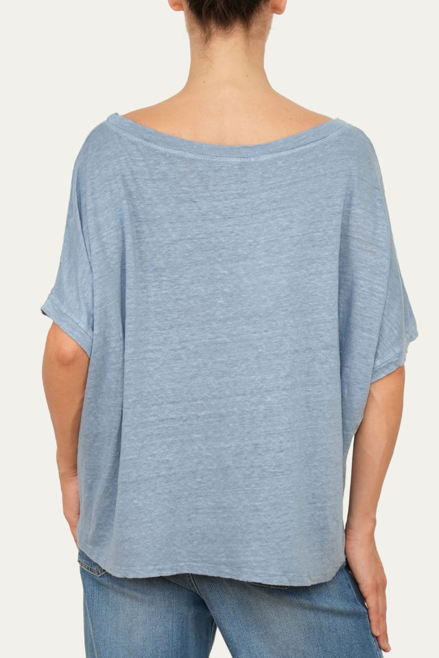 Maglia scollo a barca spalla a scesa in Lino - Blu Jeans