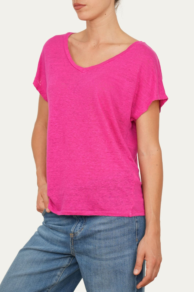 Maglia scollo a V in Lino - Fucsia
