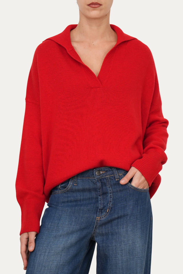 Maglia POLO a costine misto cashmere - Rosso