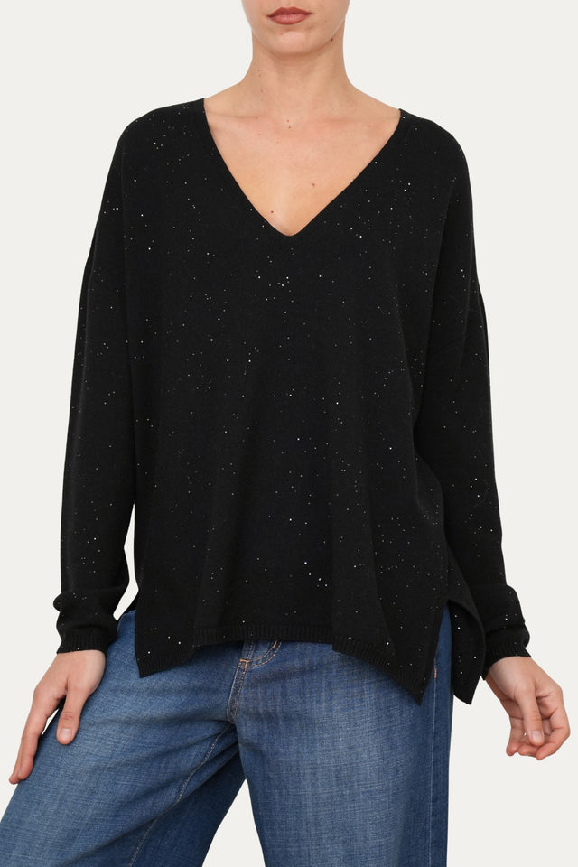 Maglia scollo a v effetto stellato - Nero