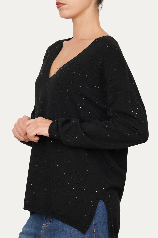 Maglia scollo a v effetto stellato - Nero