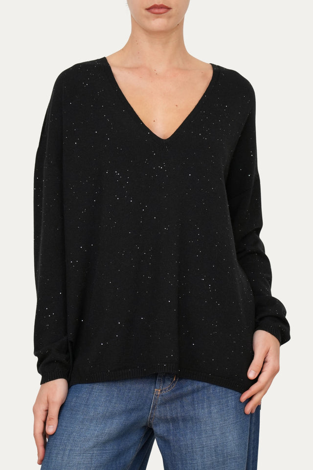 Maglia scollo a v effetto stellato - Nero
