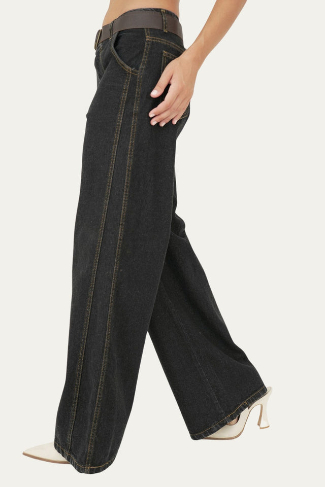 Jeans a vita alta cuciture laterali - Nero