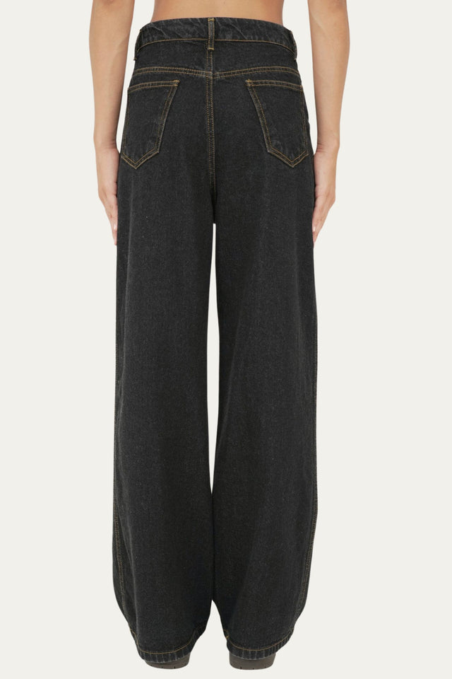 Jeans a vita alta cuciture laterali - Nero
