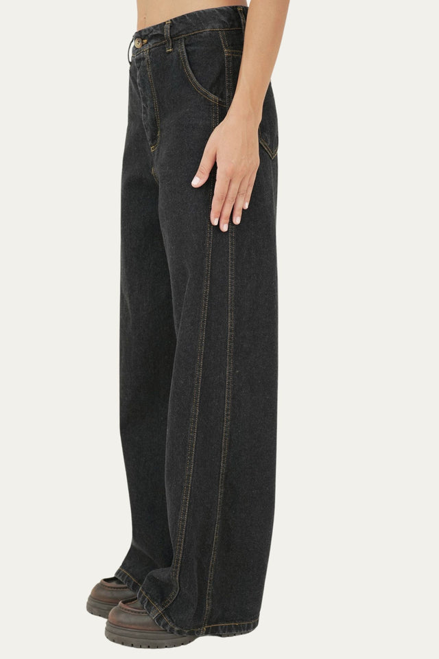 Jeans a vita alta cuciture laterali - Nero