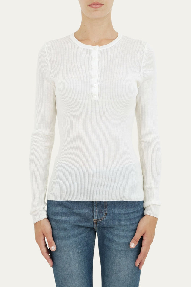 Maglia slim a costine con bottoncini - Bianco