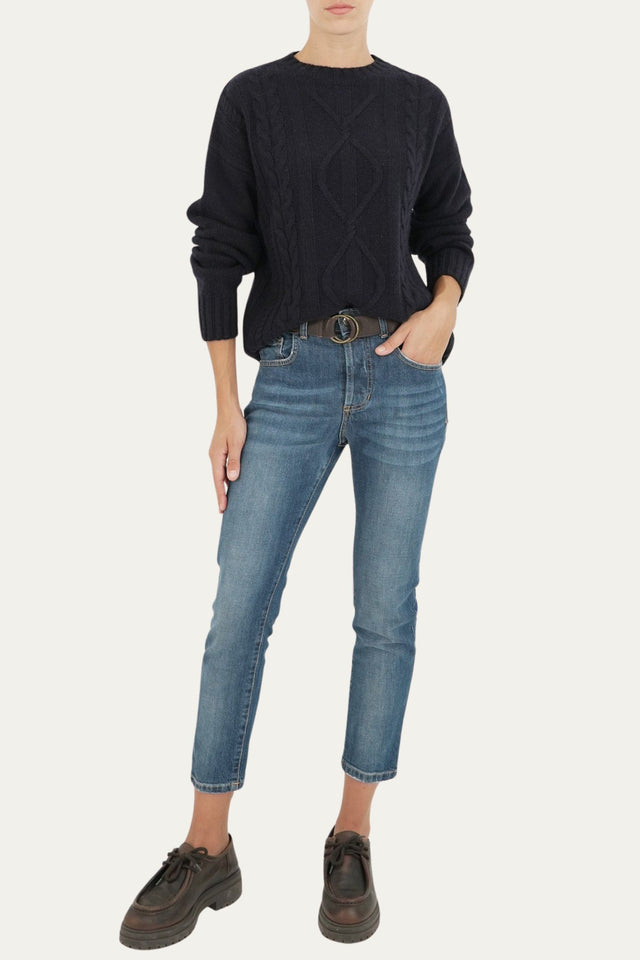 Maglione girocollo a costine con trecce e rombi - Blu Notte
