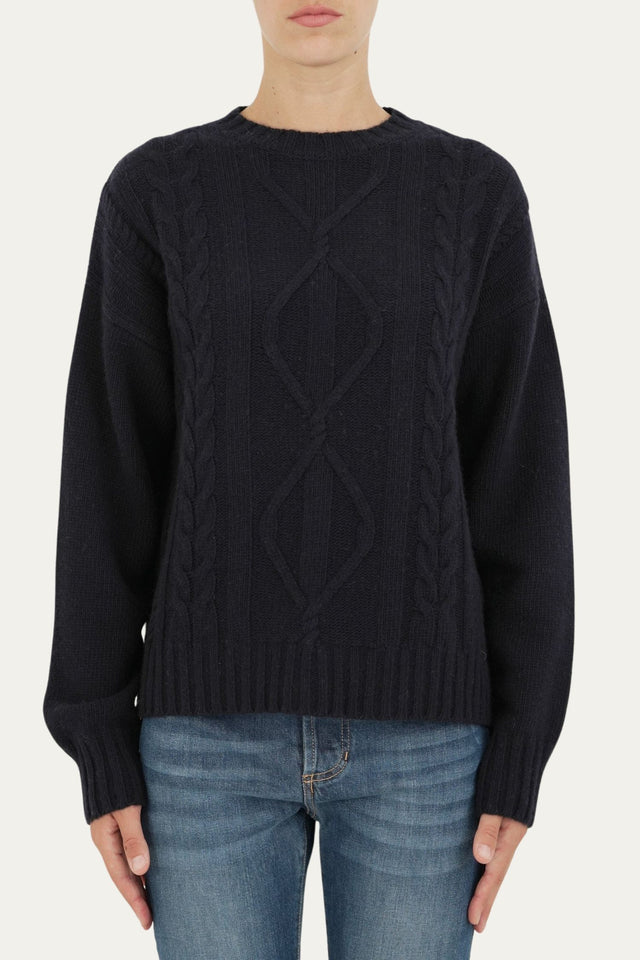 Maglione girocollo a costine con trecce e rombi - Blu Notte