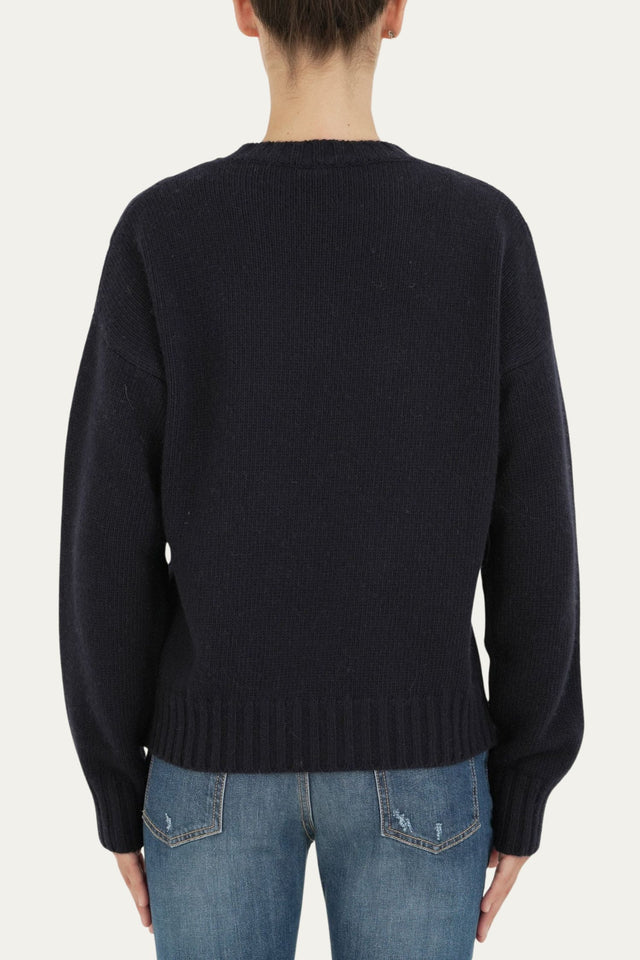Maglione girocollo a costine con trecce e rombi - Blu Notte