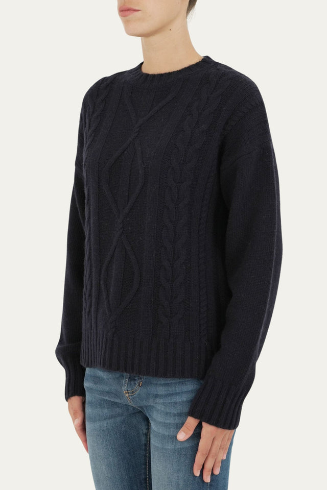 Maglione girocollo a costine con trecce e rombi - Blu Notte