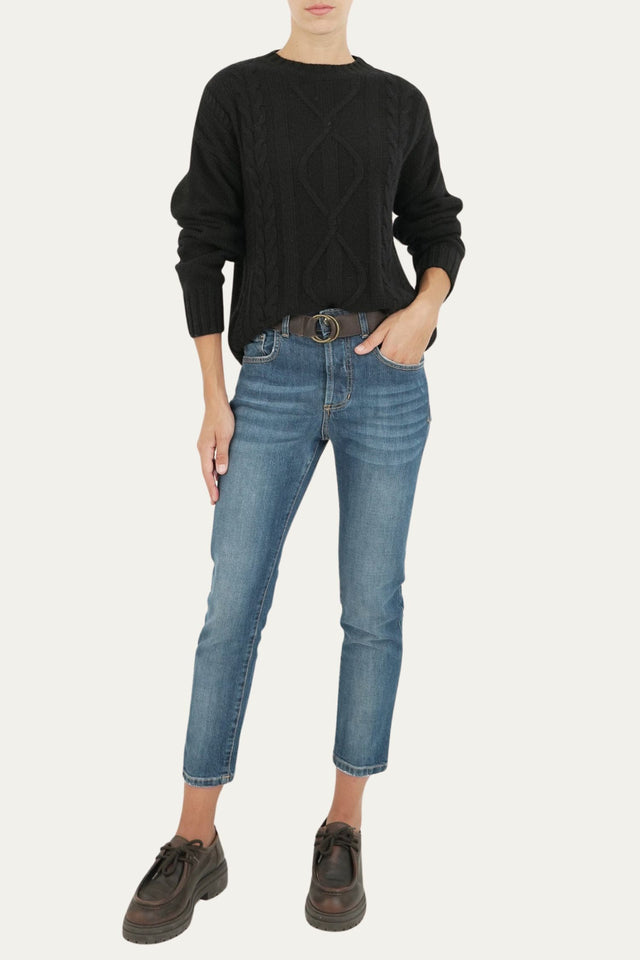 Maglione girocollo a costine con trecce e rombi - Nero