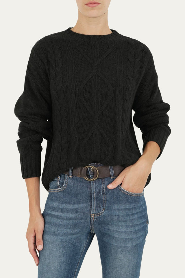 Maglione girocollo a costine con trecce e rombi - Nero