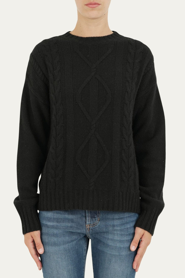 Maglione girocollo a costine con trecce e rombi - Nero