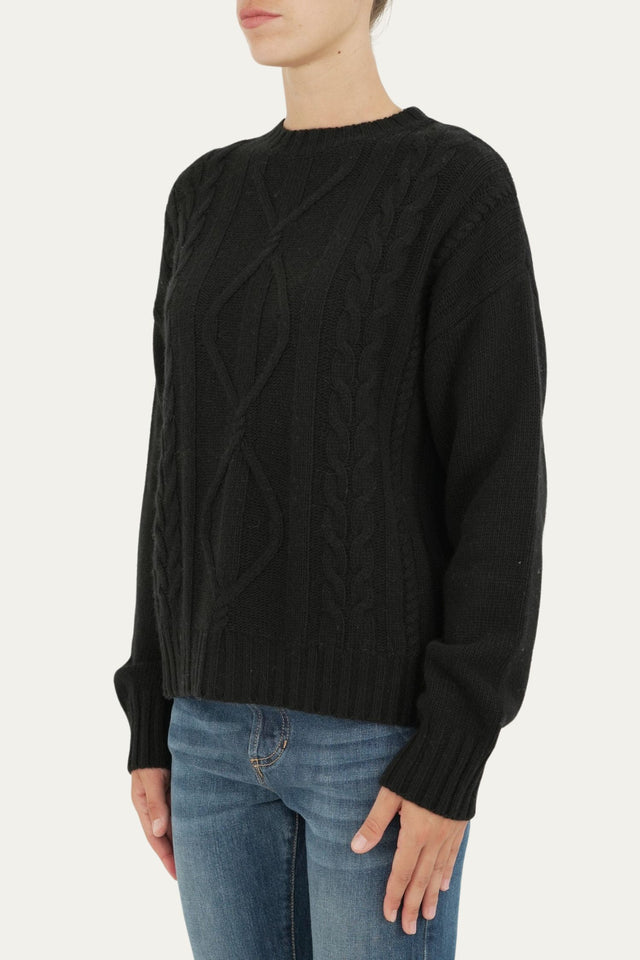 Maglione girocollo a costine con trecce e rombi - Nero