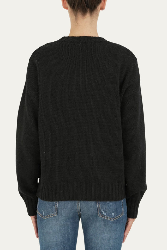 Maglione girocollo a costine con trecce e rombi - Nero