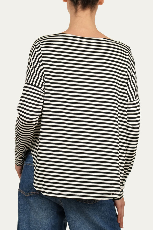 Maglia scollo barca spalla scesa righe Florida Viscosa - Nero