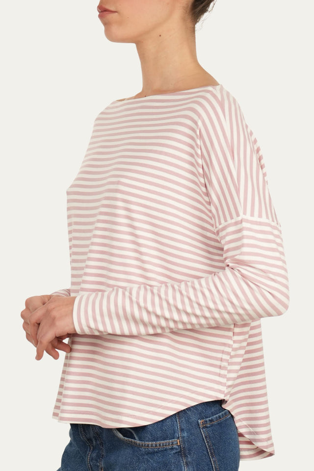 Maglia scollo barca spalla scesa righe Florida Viscosa - Rosa Antico