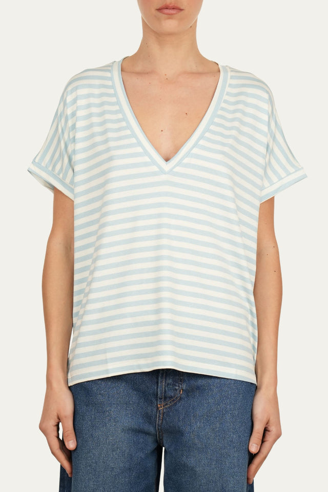 Maglia scollo a V righe Boston Viscosa - Cielo