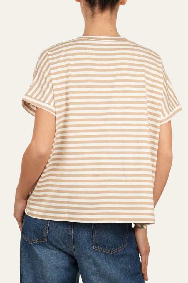 Maglia scollo a V righe Boston Viscosa - Sabbia
