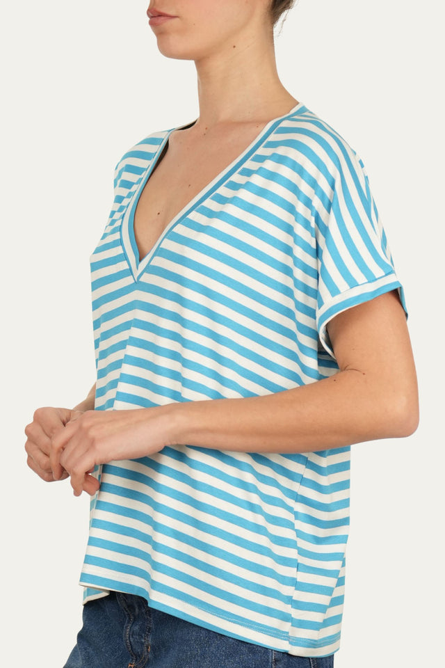 Maglia scollo a V righe Boston Viscosa - Turchese