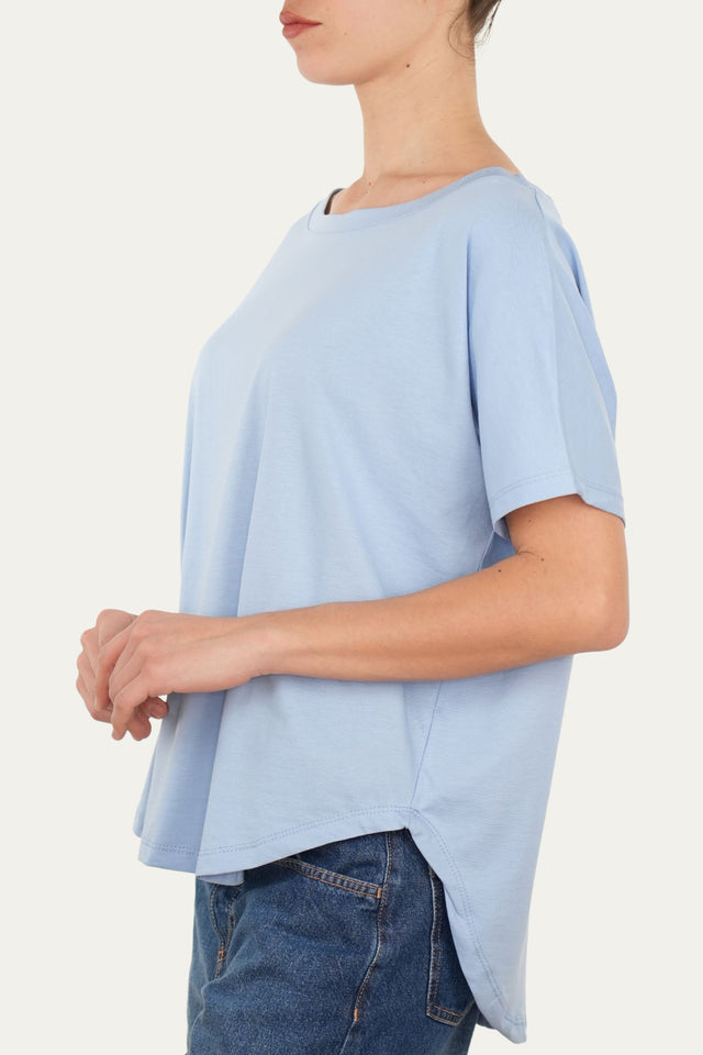 Maglia scollo a barca maniche corte Cotone - Celeste Pastello