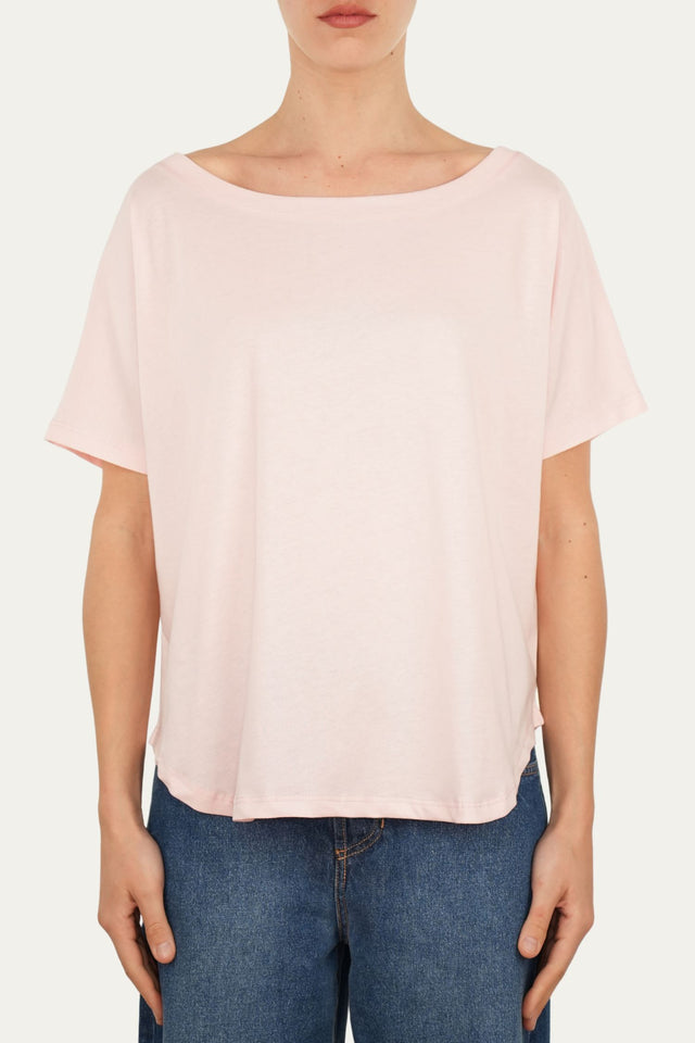 Maglia scollo a barca maniche corte Cotone - Rosa Confetto