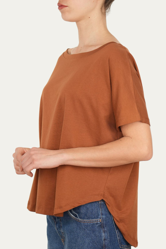 Maglia scollo a barca maniche corte Cotone - Tabacco