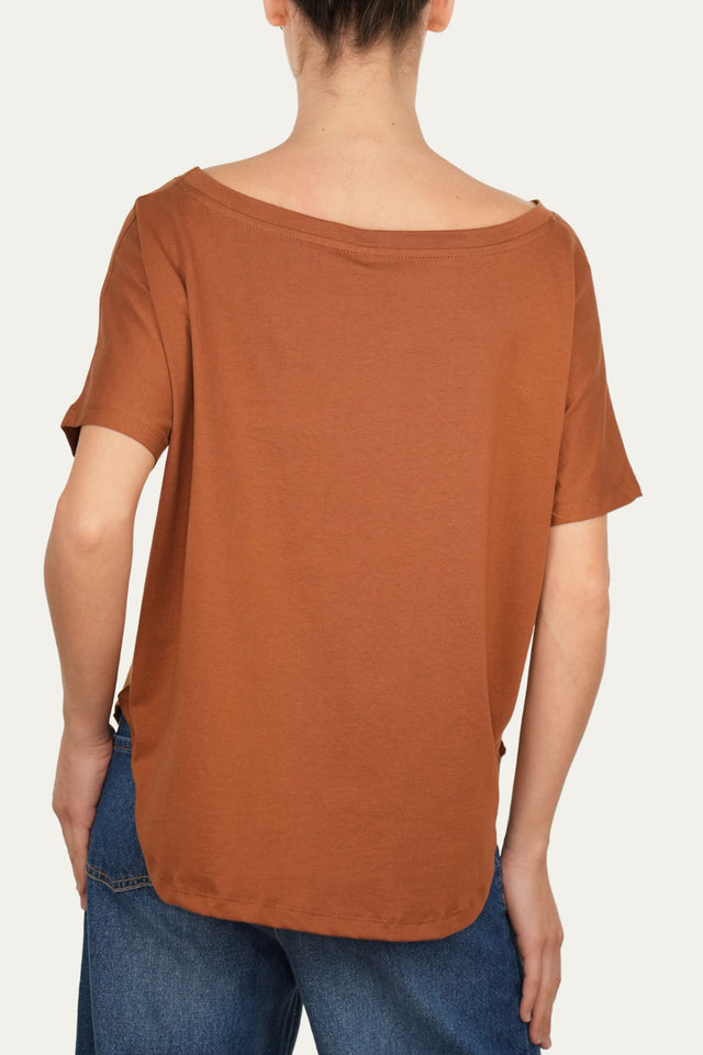 Maglia scollo a barca maniche corte Cotone - Tabacco