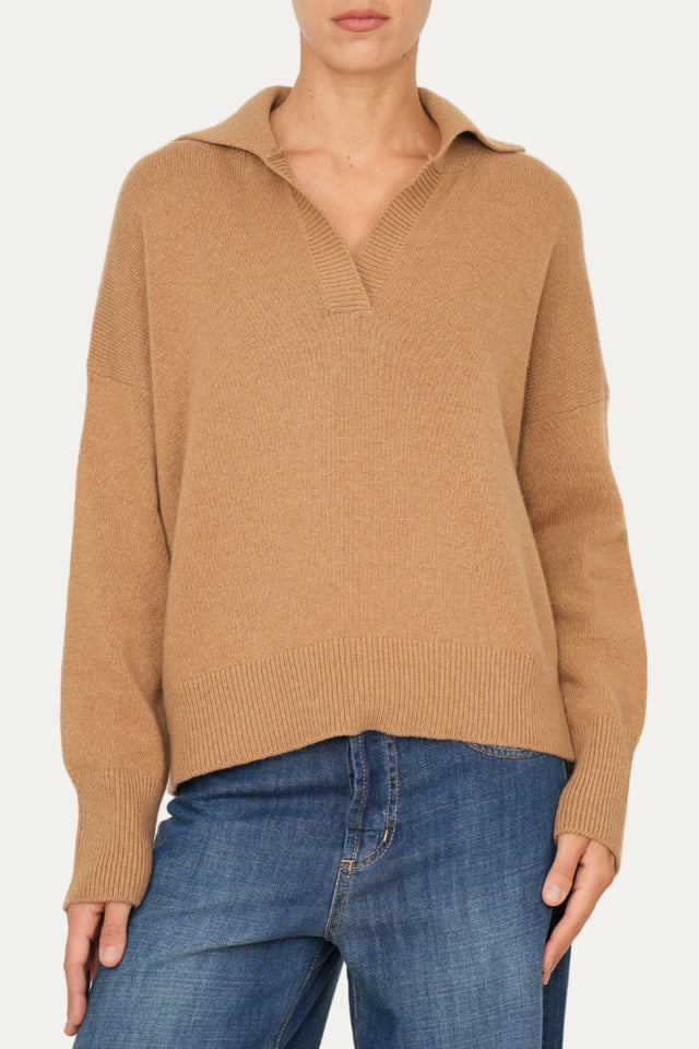 Maglia POLO a costine misto cashmere - Biscotto