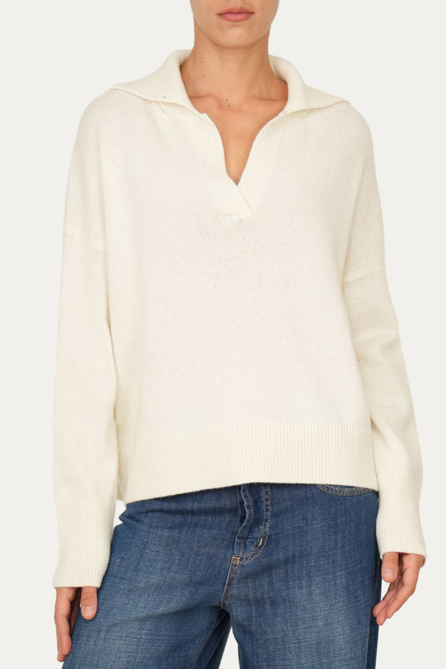 Maglia POLO a costine misto cashmere - Panna