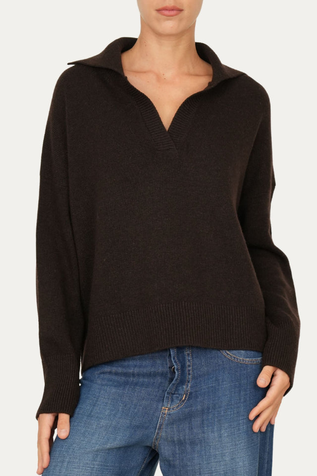 Maglia POLO a costine misto cashmere - Caffè