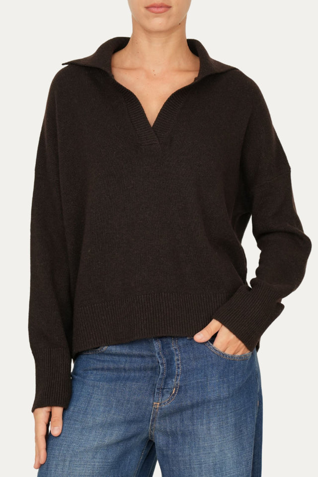 Maglia POLO a costine misto cashmere - Caffè