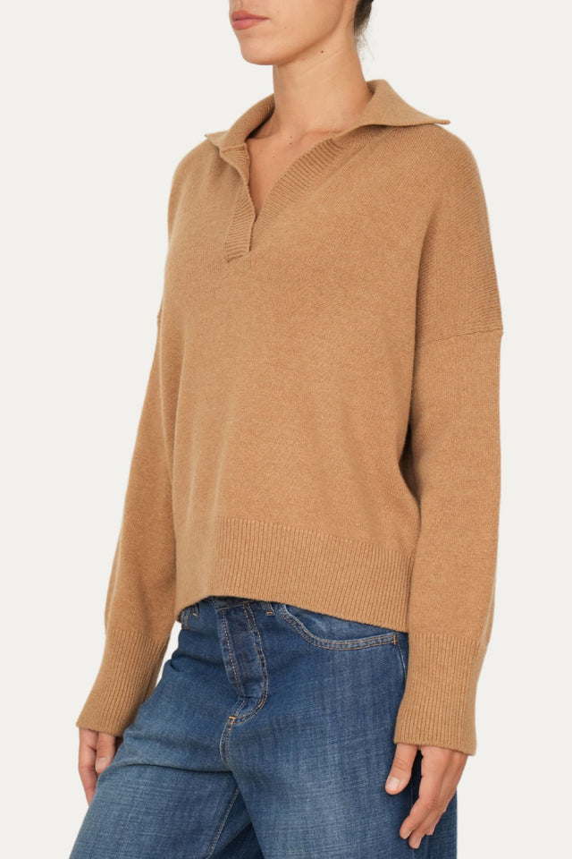 Maglia POLO a costine misto cashmere - Biscotto