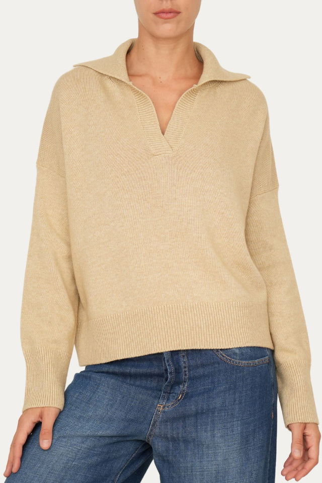 Maglia POLO a costine misto cashmere - Grano