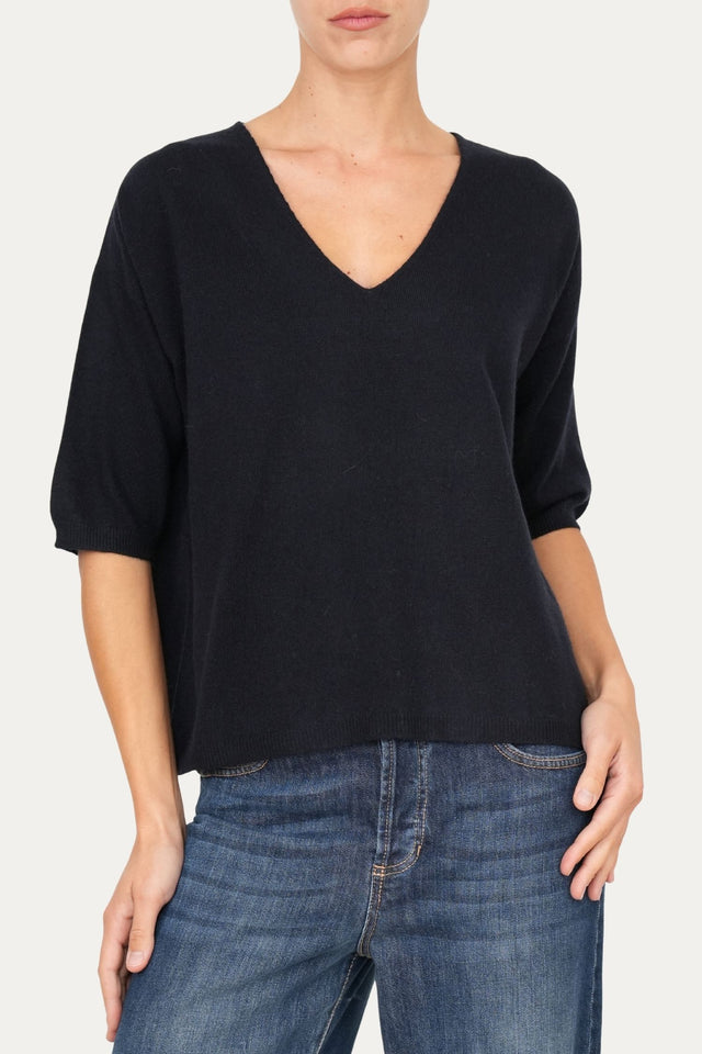 Maglia a scatola manica 3/4 misto cashmere - Navy