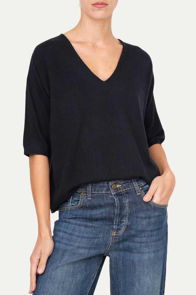 Maglia a scatola manica 3/4 misto cashmere - Navy