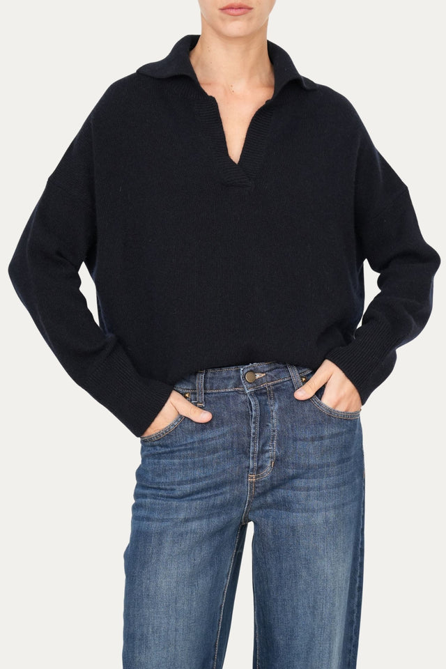 Maglia POLO a costine misto cashmere - Navy